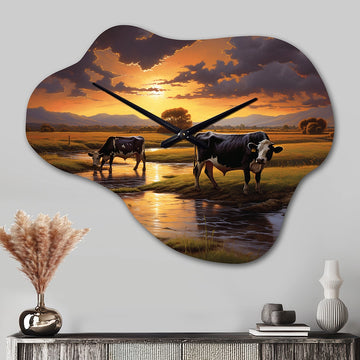 Cows At Farm Landscape II - Asymmetric Metal Wall Clock